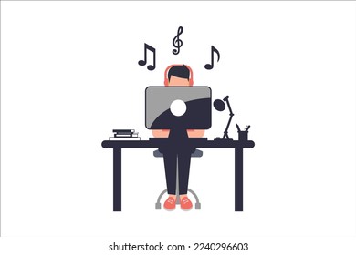 Businessman with desktop computer listening music wearing headphones