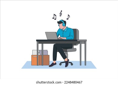 Businessman with desktop computer listening music wearing headphones