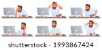 Businessman at desktop. Tired and successful worker. Deadline. The employee is angry. Different emotions of a man working in an office at a computer. Vector illustration in cartoon style