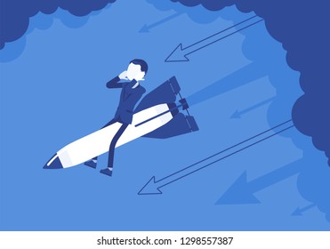 Businessman in despair go down on rocket. Business start-up, company new project ends in failure, financial mistakes. Problem solving, risk management concept. Vector illustration, faceless characters