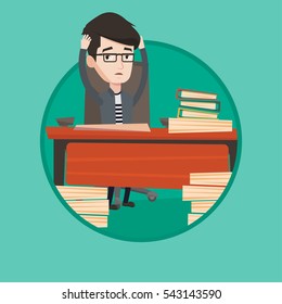 Businessman in despair sitting at workplace with heaps of papers. Stressful businessman sitting at the desk with stacks of papers. Vector flat design illustration in the circle isolated on background.