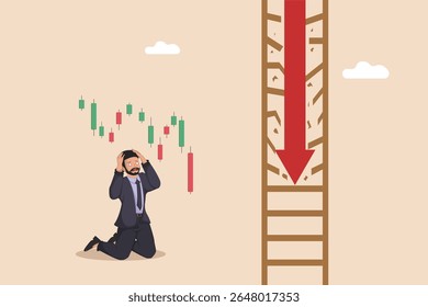 Empresário em desespero à medida que o mercado de ações despenca, simbolizando perdas financeiras significativas e crise econômica.