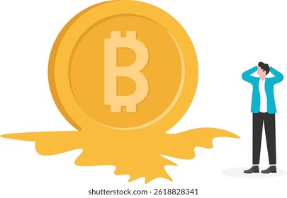 Businessman desperately looking at melting bitcoin

