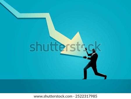 Businessman desperately trying to stop a downward trending arrow from hitting rock bottom. Perfect for representing financial struggles, market downturns, or bankruptcy