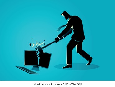 Businessman Destroying Desktop Computer With Sledge Hammer, Vector Illustration