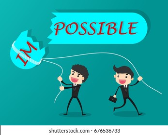 Businessman destroying the word impossible to possible