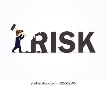 Businessman destroying the word risk. Vector illustration for business design and infographic.