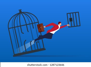 Businessman destroys the door and flies out of the cage