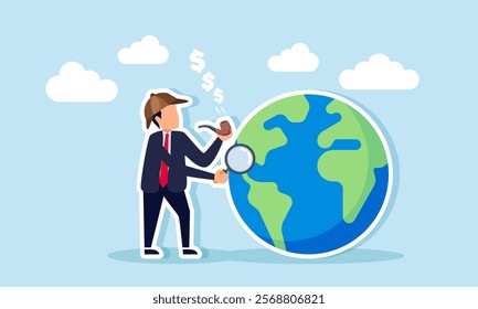 A businessman as a detective with a cigarette emitting dollar coin smoke and a magnifying glass observing a globe, illustration of analyzing global business trends to boost revenue