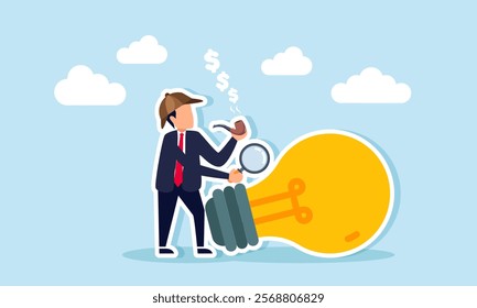 A businessman as a detective with a cigarette emitting dollar coin smoke and a magnifying glass observing a lamp, illustration of analyzing creative ideas to boost business revenue