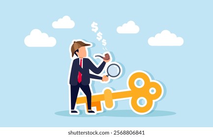 A businessman as a detective with a cigarette emitting dollar coin smoke and a magnifying glass observing a key, illustration of analyzing solutions to boost business revenue