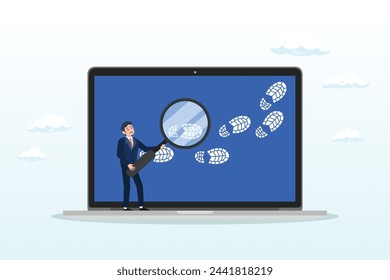 Businessman detective using magnifying glass to track visitor footpath on laptop computer, website visitor tracking or digital footprint, analyse user behaviour or track bounce rate (Vector)