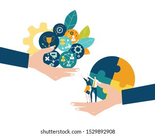 Businessman developing a business. Start up and consultancy idea. Hands holding the icons and little people. Business concept illustration 