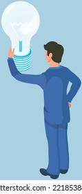 Empresario desarrollando nueva idea, exitosa tecnología de novación. Emprendimiento empresarial y emprendimiento. Bombilla quemada como símbolo de un nuevo proyecto. Idea de planificación personal del desarrollo tecnológico