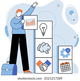 Hombre de negocios que desarrolla la nueva idea, tecnología exitosa de la novación. Creación de empresas y emprendimiento. Bombilla ardiente como símbolo de un nuevo proyecto. Idea de planificación de persona del desarrollo tecnológico