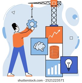 Hombre de negocios que desarrolla la nueva idea, tecnología exitosa de la novación. Creación de empresas y emprendimiento. Bombilla ardiente como símbolo de un nuevo proyecto. Idea de planificación de persona del desarrollo tecnológico