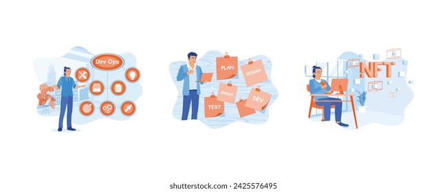 Businessman developing software on virtual screen. Make notes on the work plan. Using NFT digital holograms. APP devs concept. Set flat vector illustration.