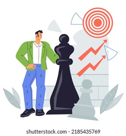 Empresario desarrollando estrategia, ilustración vectorial de caricatura plana aislada en fondo blanco. Estrategia empresarial, éxito, gestión eficiente, planificación empresarial y liderazgo.
