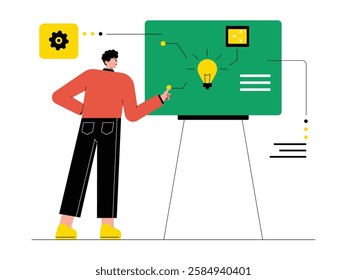 Businessman develops ideas for marketing in various sectors to grow his business, solopreneur vector illustration.