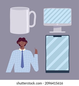 empresario y dispositivos con mugre