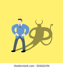 Businessman with devil or demon character in his shadow on background
