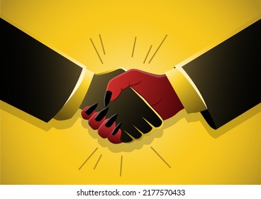 Businessman and devil handshake. Deal monetary partnership with evil businessman 