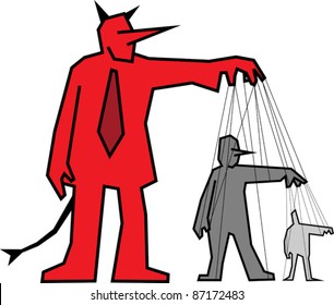 Businessman devil manipulating other people