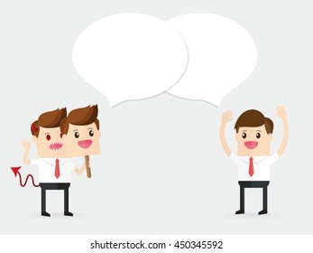 businessman with devil mask discussion with partnership. company take advantage customers