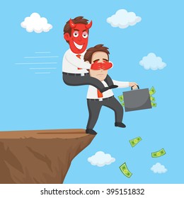 Businessman and devil perfidy walks off the cliff, vector  illustration