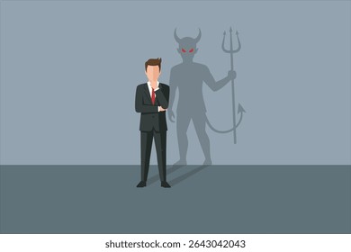 Businessman with devil shadow holding trident, symbolizing inner conflict and moral temptation. Vector illustration.