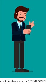 Businessman dials a number or prints a message on a smartphone. Flat character vector illustration.