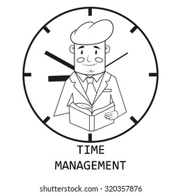 businessman with diary in hand on the background of hours. time management. vector.