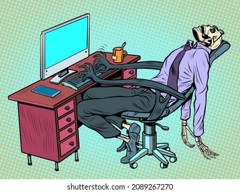 The businessman died in the office, but the robot chair continues to work for him on the computer. Pop Art Retro Vector Illustration Kitsch Vintage 50s 60s Style