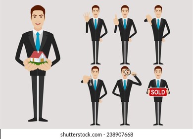 Businessman with different actions in the field of real estate