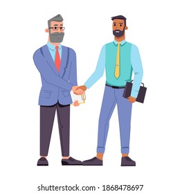 Businessman of different ages shaking hands isolated flat cartoon characters. Vector bearded middle age boss in glasses and young worker greeting by handshake, cooperation and agreement, teamwork