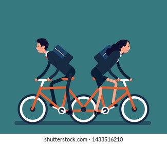 Businessman with different direction tandem bicycle. Vector illustration ambitious business concept, Moving different, Ineffective, Happy cartoon character flat style design.