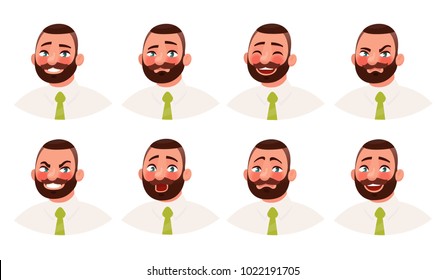 Businessman with different emotions. A bearded man office worker emoji. Vector illustration in cartoon style