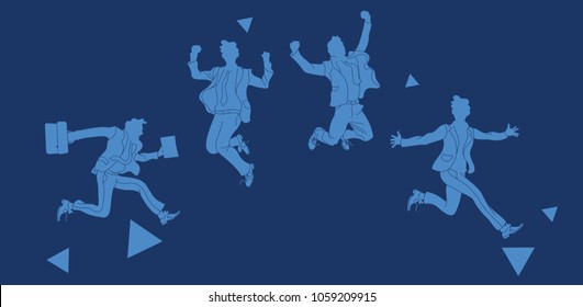 Businessman in different emotions and expressions. Businessperson in casual office look.various poses jumping people character. hand drawn style vector design blue background.Jumping businessman