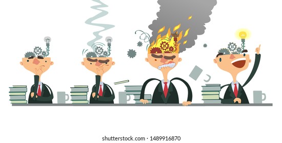 A businessman in different emotions, thinks got a Idea. Vector