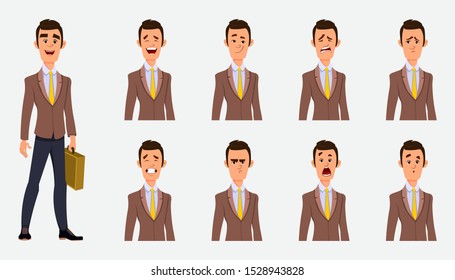 Businessman with different facial expression flat style vector character illustration for design or animation.