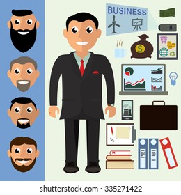 Businessman and different objects in flat design style