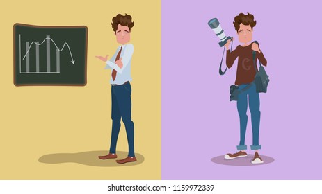 Businessman in different passion  
personality lifestyle Yellow Monday and purple Saturday from work to vacation concept