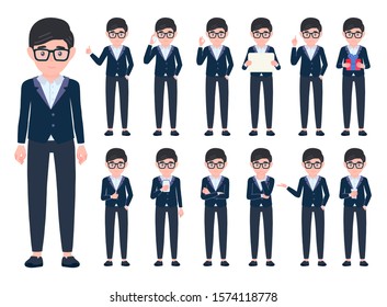 Businessman in different poses set. Office male character gestures, emotions in various action bundle. Employee kid personage. Boy in suit isolated vector illustration in cartoon flat style