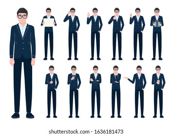 Businessman in different poses set. Office male character in suit gestures, emotions in various action bundle. Employee personage with glasses. Isolated vector illustration in cartoon flat style
