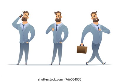 Businessman in different poses, talking on the phone, looking at his watch and walking. Set manager character in a cartoon style