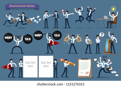 Businessman with different poses, working and presenting process gestures, actions and poses character design set.