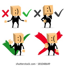 businessman in different situations. Yes, No, Do not Know.
