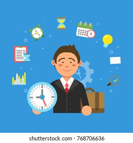 Businessman and different symbols of productivity and time management. Businessman management time and productivity. Vector illustration