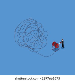 Businessman with difficult task isometric 3d vector illustration concept for banner, website, illustration, landing page, flyer, etc.