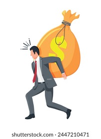 Empresario con dificultad llevando en su espalda gran bolsa de dinero con el signo del dólar. Hombre De Negocios Arrastrando Pesado Saco De Dinero Gigante. Impuestos, deuda, tasas, crisis y quiebra. Ilustración vectorial plana